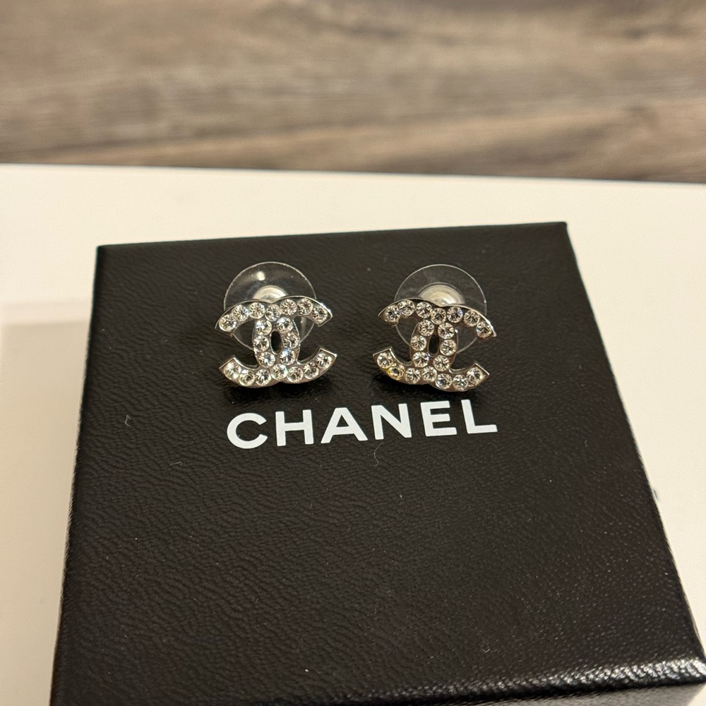 CHANEL Classic Small Silver Crystal CC Stud Earrings